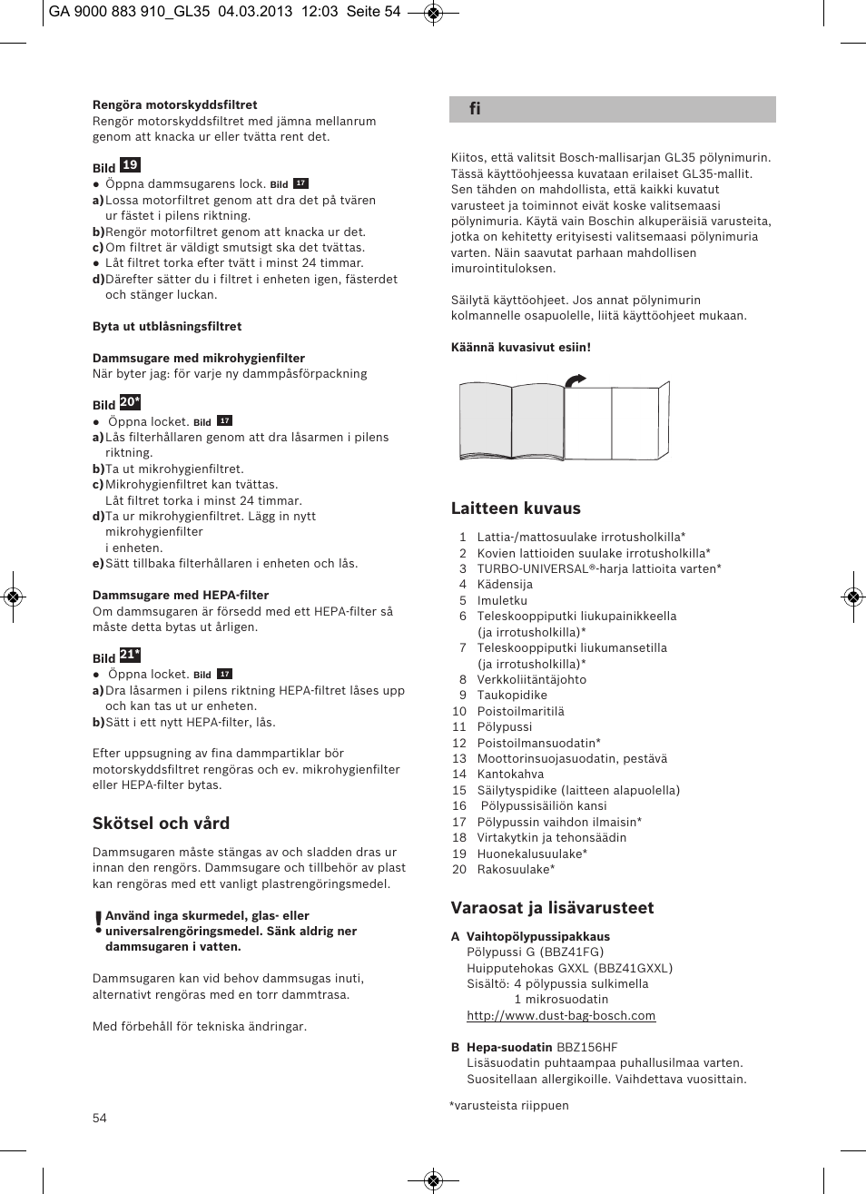 Skötsel och vård, Laitteen kuvaus, Varaosat ja lisävarusteet | Bosch MoveOn Bodenstaubsauger mit Staubbeutel BGL35MOVE2 flaming red User Manual | Page 55 / 110