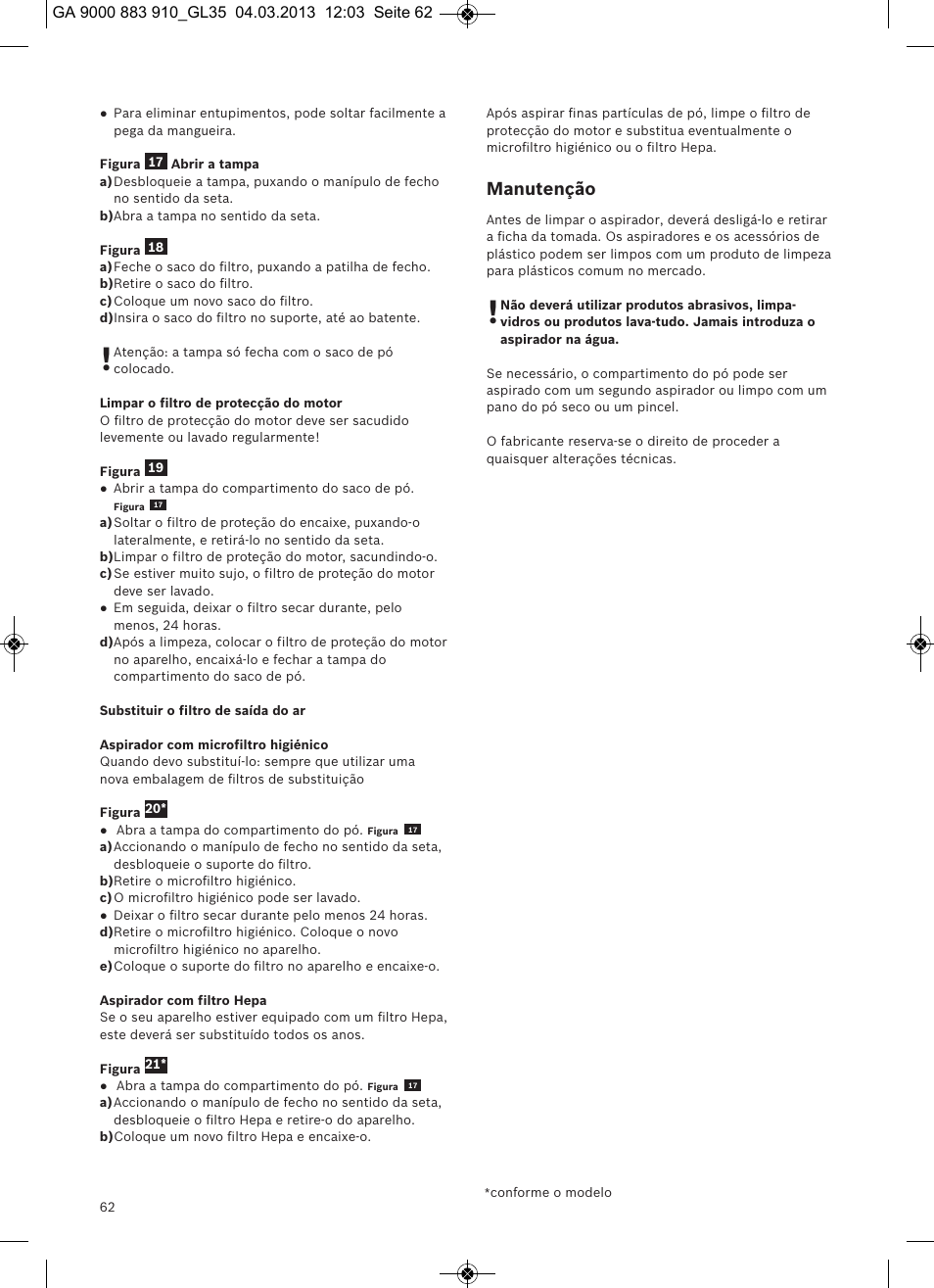 Manutenção | Bosch MoveOn Bodenstaubsauger mit Staubbeutel BGL35MOVE2 flaming red User Manual | Page 63 / 110