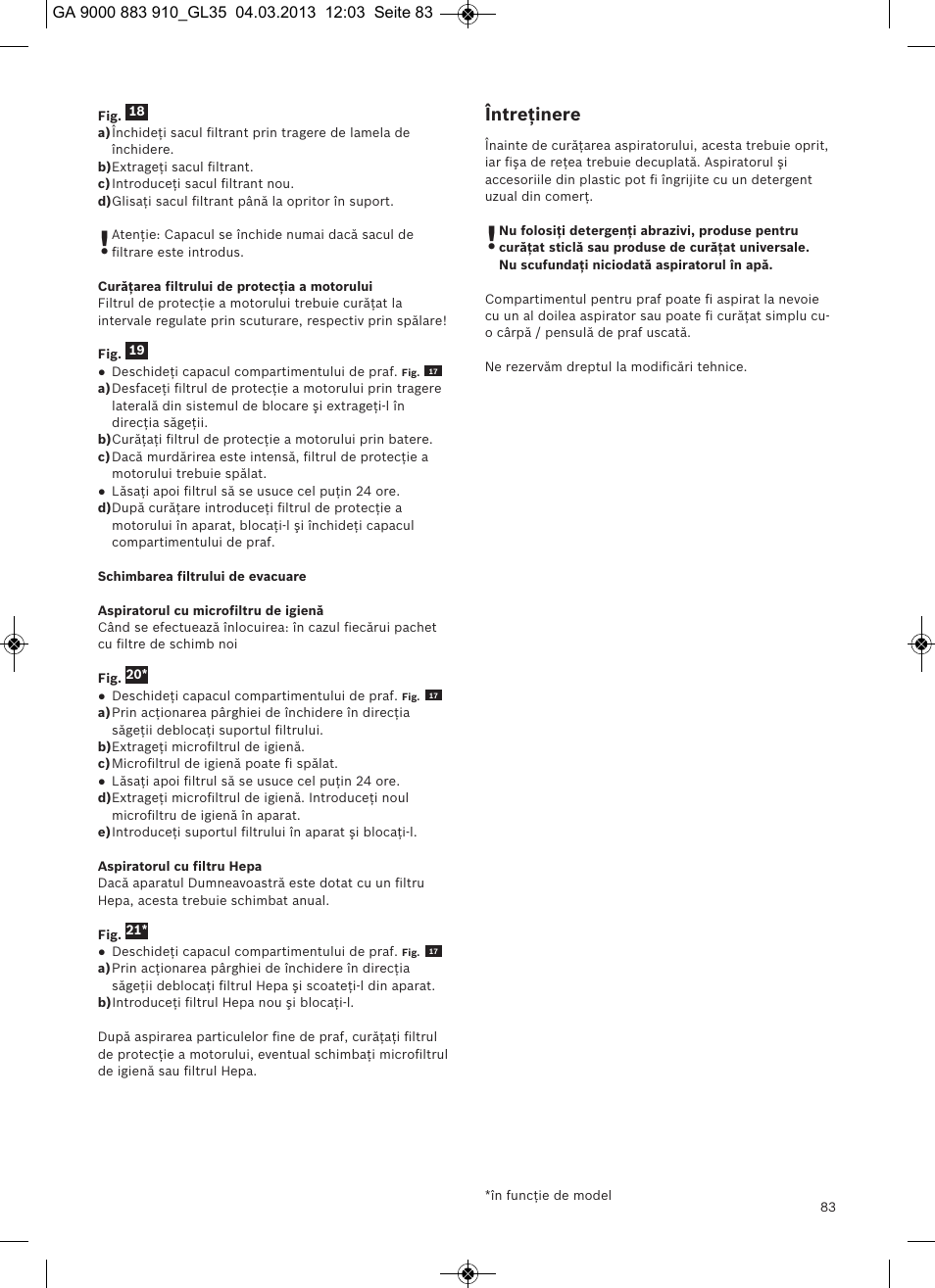 Întreţinere | Bosch MoveOn Bodenstaubsauger mit Staubbeutel BGL35MOVE2 flaming red User Manual | Page 84 / 110