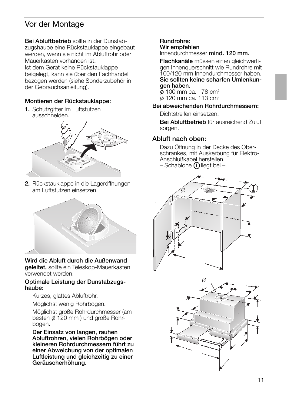 Vor der montage, Abluft nach oben | Bosch DHI645H grau-metallic Flachschirmhaube 60 cm User Manual | Page 11 / 68