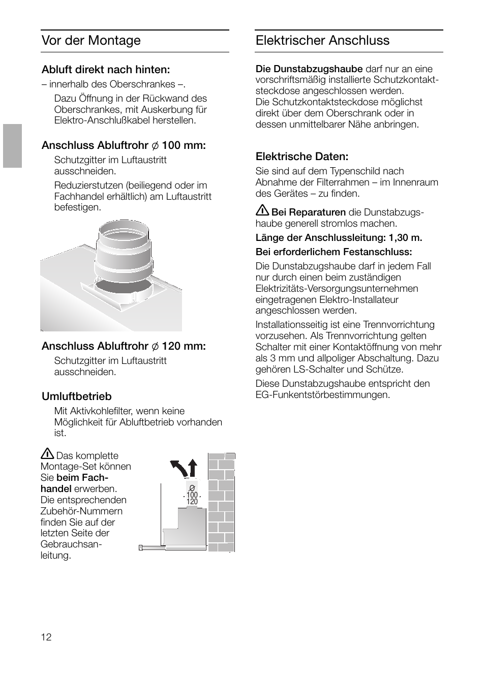 Vor der montage, Elektrischer anschluss | Bosch DHI645H grau-metallic Flachschirmhaube 60 cm User Manual | Page 12 / 68