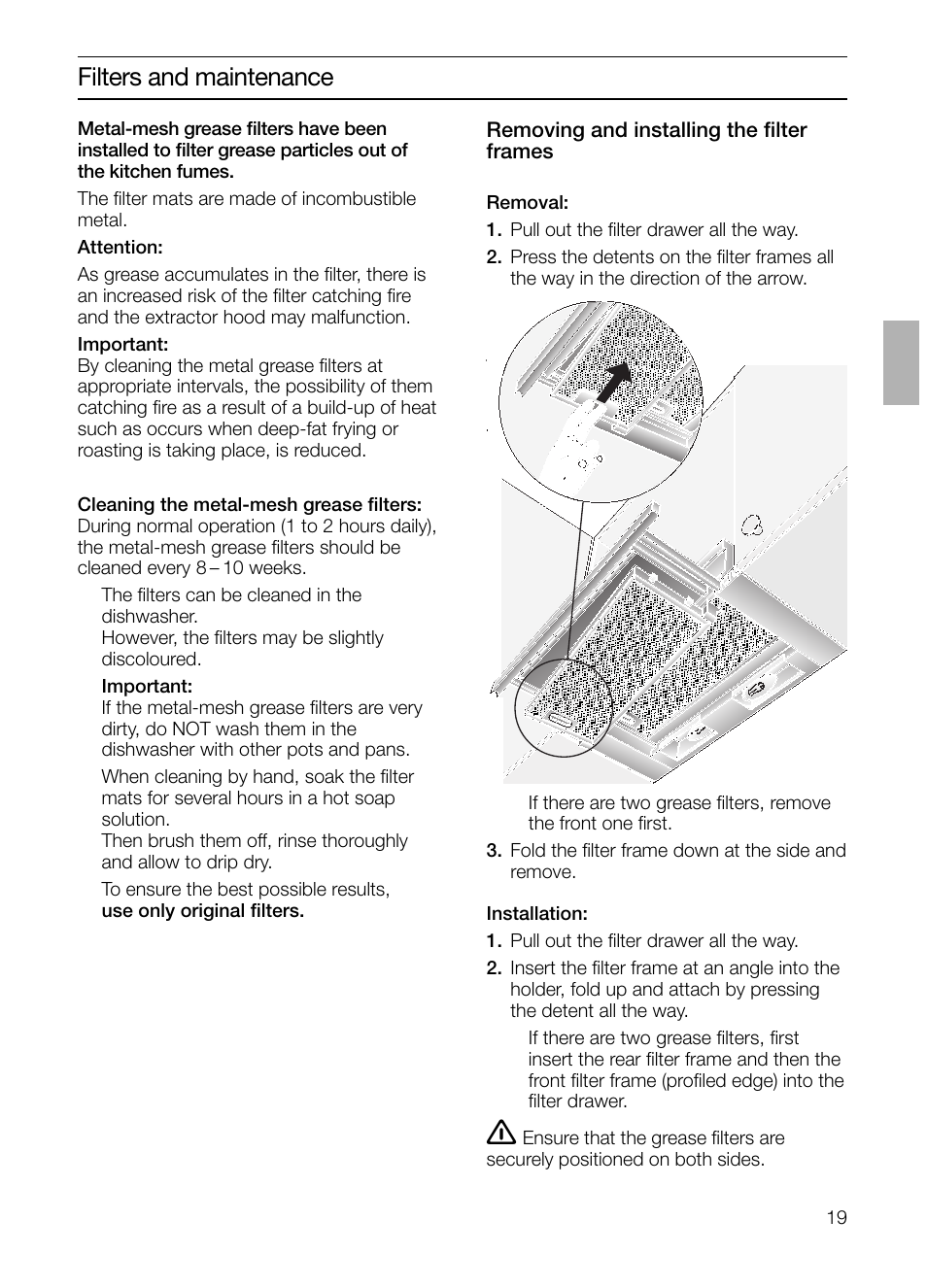 Filters and maintenance | Bosch DHI645H grau-metallic Flachschirmhaube 60 cm User Manual | Page 19 / 68