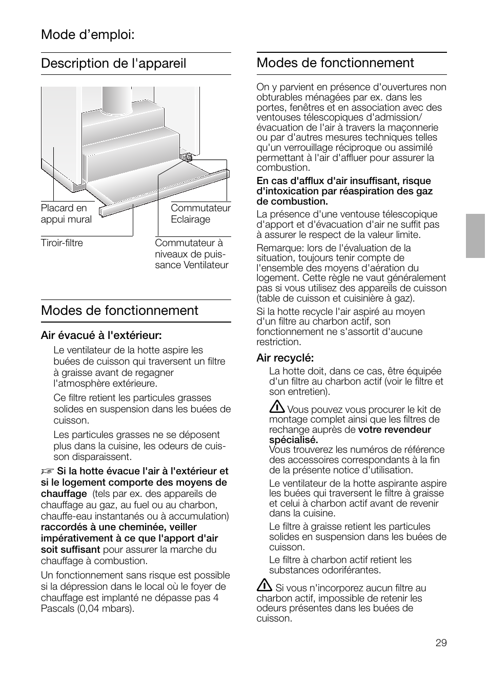 Description de l'appareil modes de fonctionnement, Mode d’emploi, Modes de fonctionnement | Bosch DHI645H grau-metallic Flachschirmhaube 60 cm User Manual | Page 29 / 68