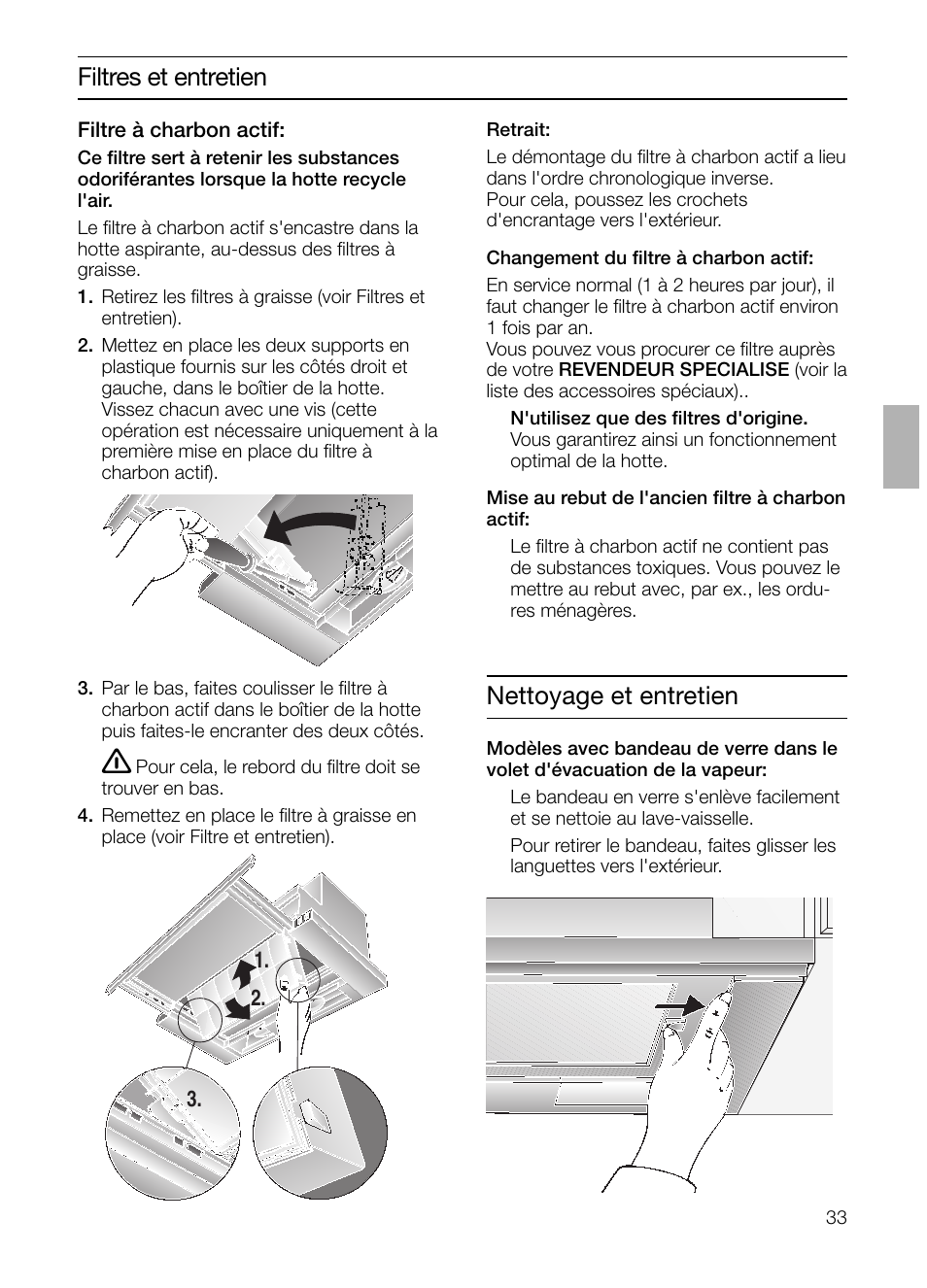 Filtres et entretien, Nettoyage et entretien | Bosch DHI645H grau-metallic Flachschirmhaube 60 cm User Manual | Page 33 / 68