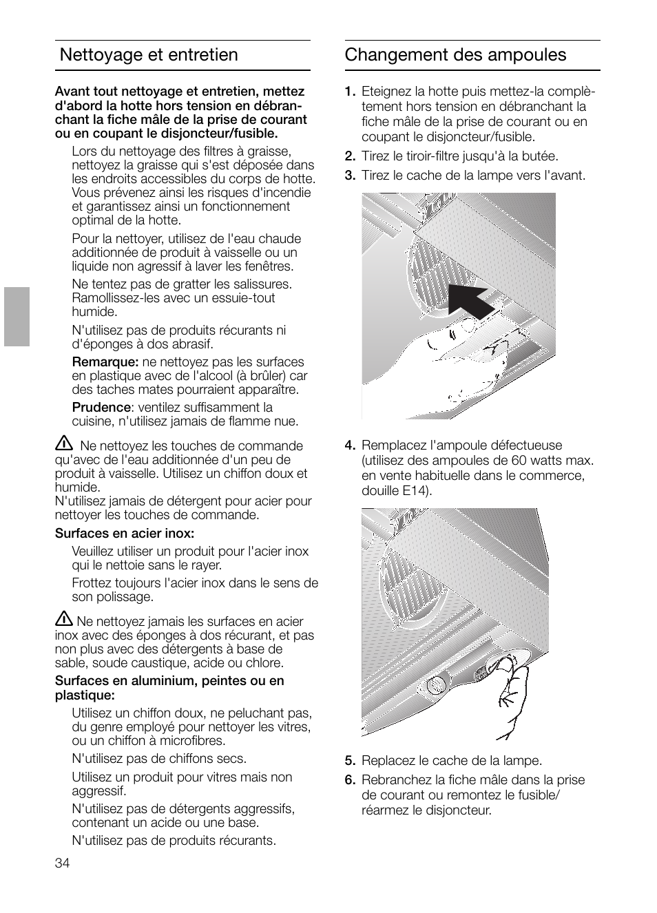 Changement des ampoules, Nettoyage et entretien | Bosch DHI645H grau-metallic Flachschirmhaube 60 cm User Manual | Page 34 / 68