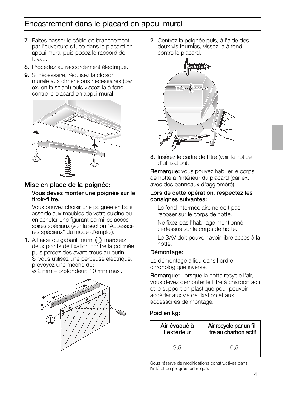 Encastrement dans le placard en appui mural | Bosch DHI645H grau-metallic Flachschirmhaube 60 cm User Manual | Page 41 / 68