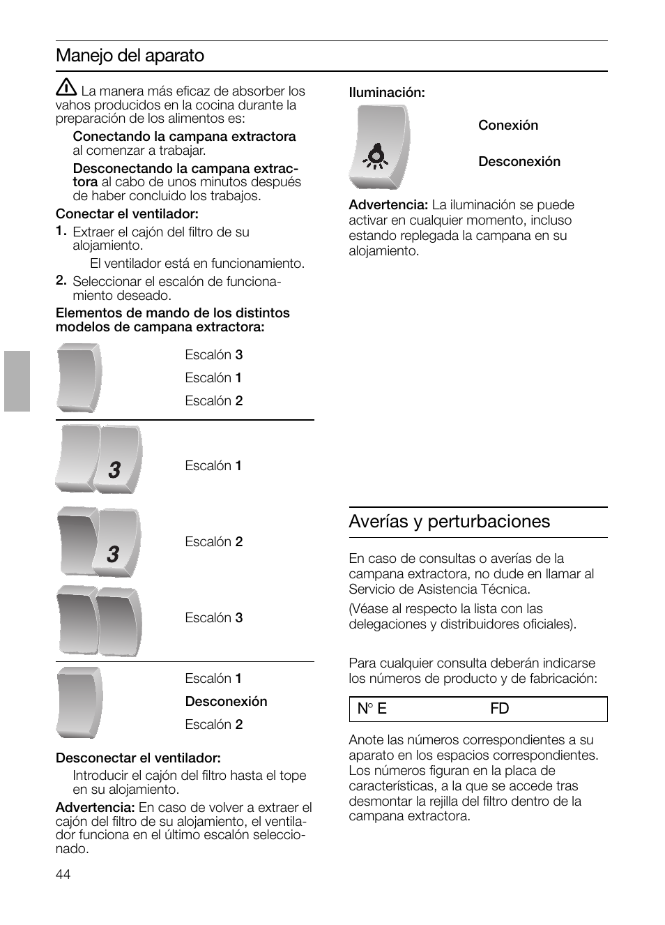 Manejo del aparato, Averías y perturbaciones | Bosch DHI645H grau-metallic Flachschirmhaube 60 cm User Manual | Page 44 / 68