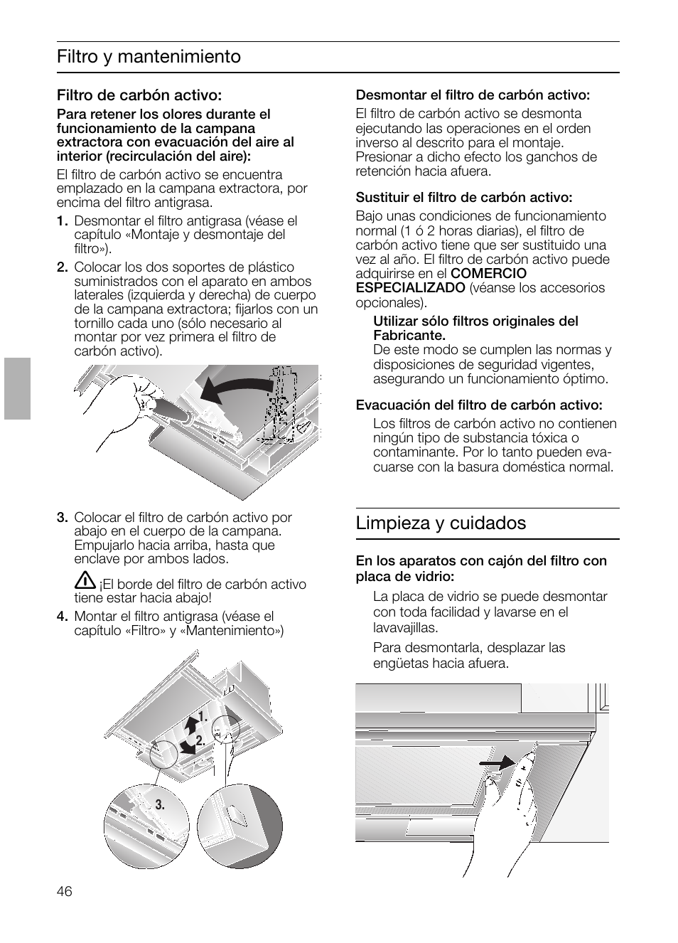 Filtro y mantenimiento, Limpieza y cuidados | Bosch DHI645H grau-metallic Flachschirmhaube 60 cm User Manual | Page 46 / 68