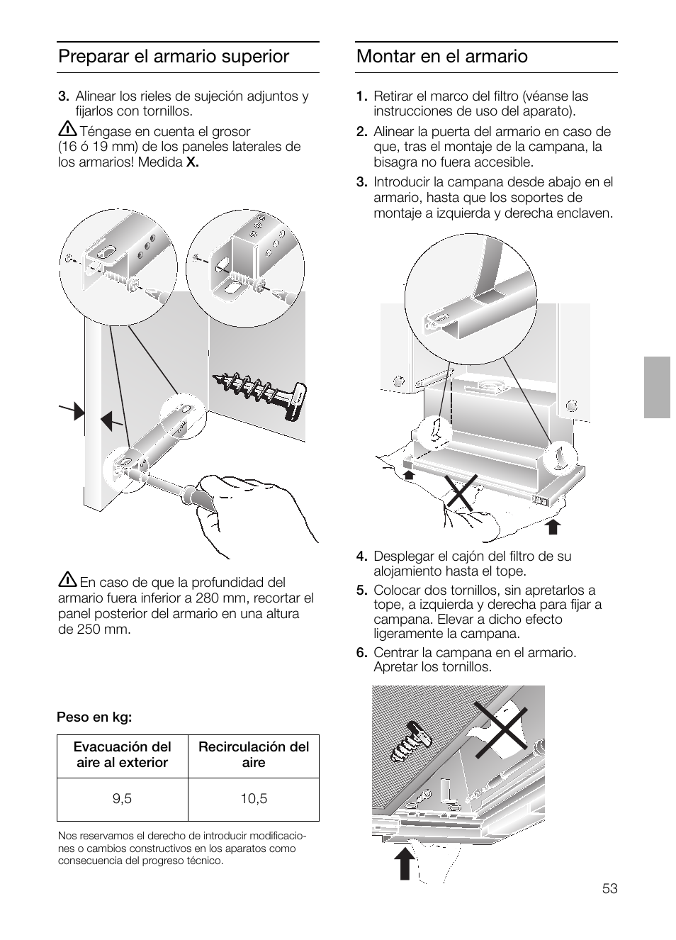 Xx=16mm x=19mm, Preparar el armario superior montar en el armario | Bosch DHI645H grau-metallic Flachschirmhaube 60 cm User Manual | Page 53 / 68