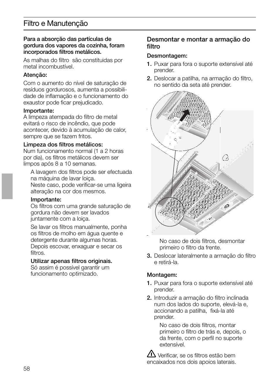 Filtro e manutenção | Bosch DHI645H grau-metallic Flachschirmhaube 60 cm User Manual | Page 58 / 68