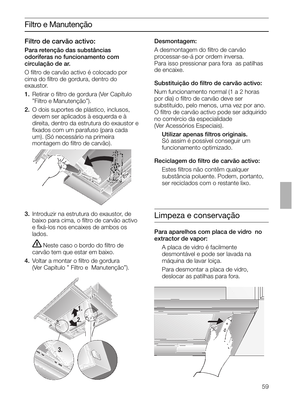 Filtro e manutenção, Limpeza e conservação | Bosch DHI645H grau-metallic Flachschirmhaube 60 cm User Manual | Page 59 / 68