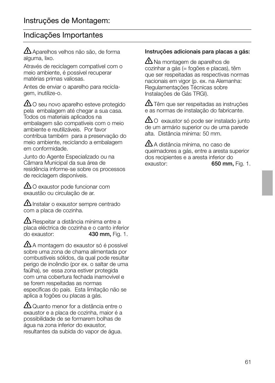 Indicações importantes instruções de montagem | Bosch DHI645H grau-metallic Flachschirmhaube 60 cm User Manual | Page 61 / 68