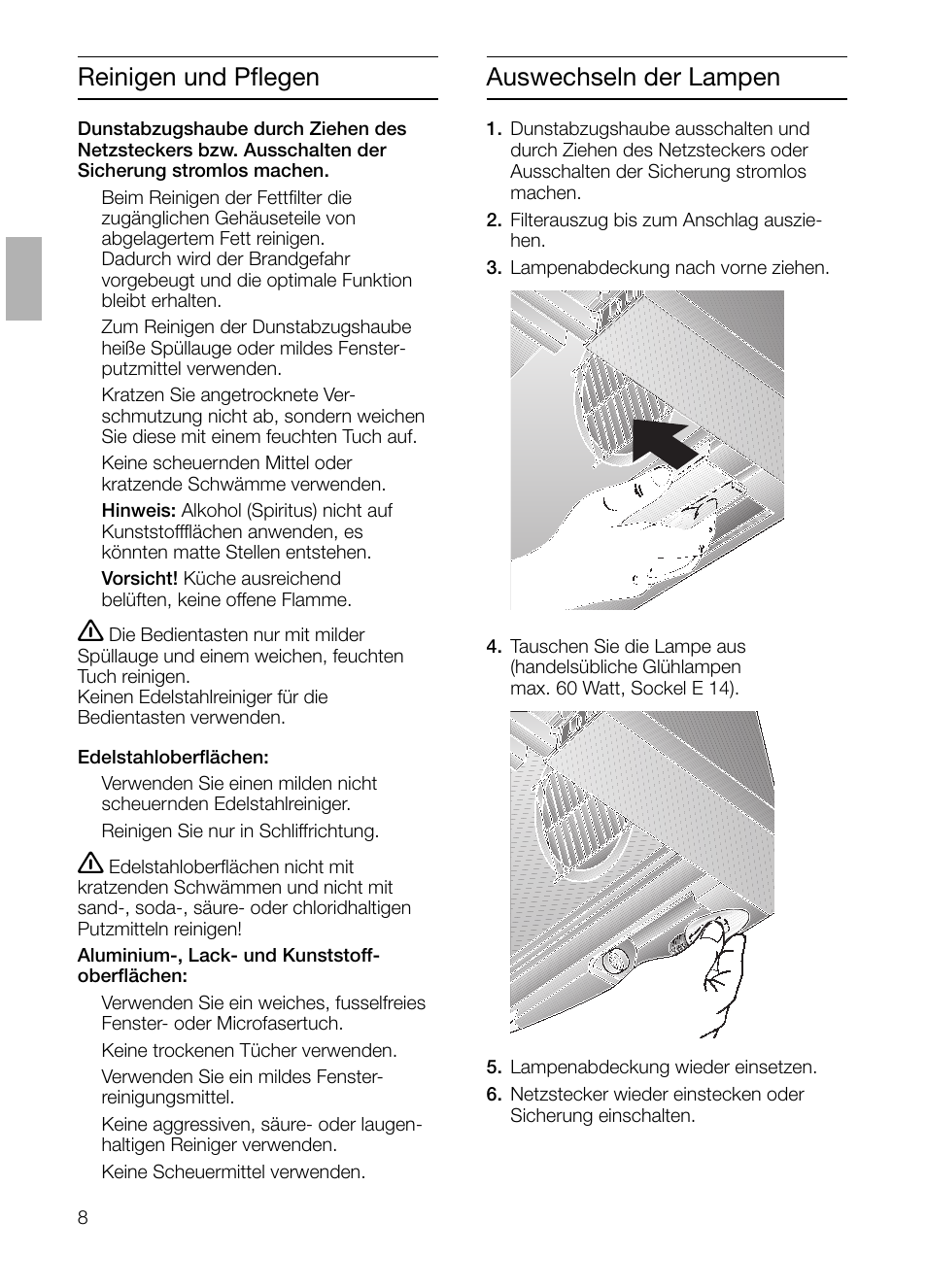 Reinigen und pflegen, Auswechseln der lampen | Bosch DHI645H grau-metallic Flachschirmhaube 60 cm User Manual | Page 8 / 68