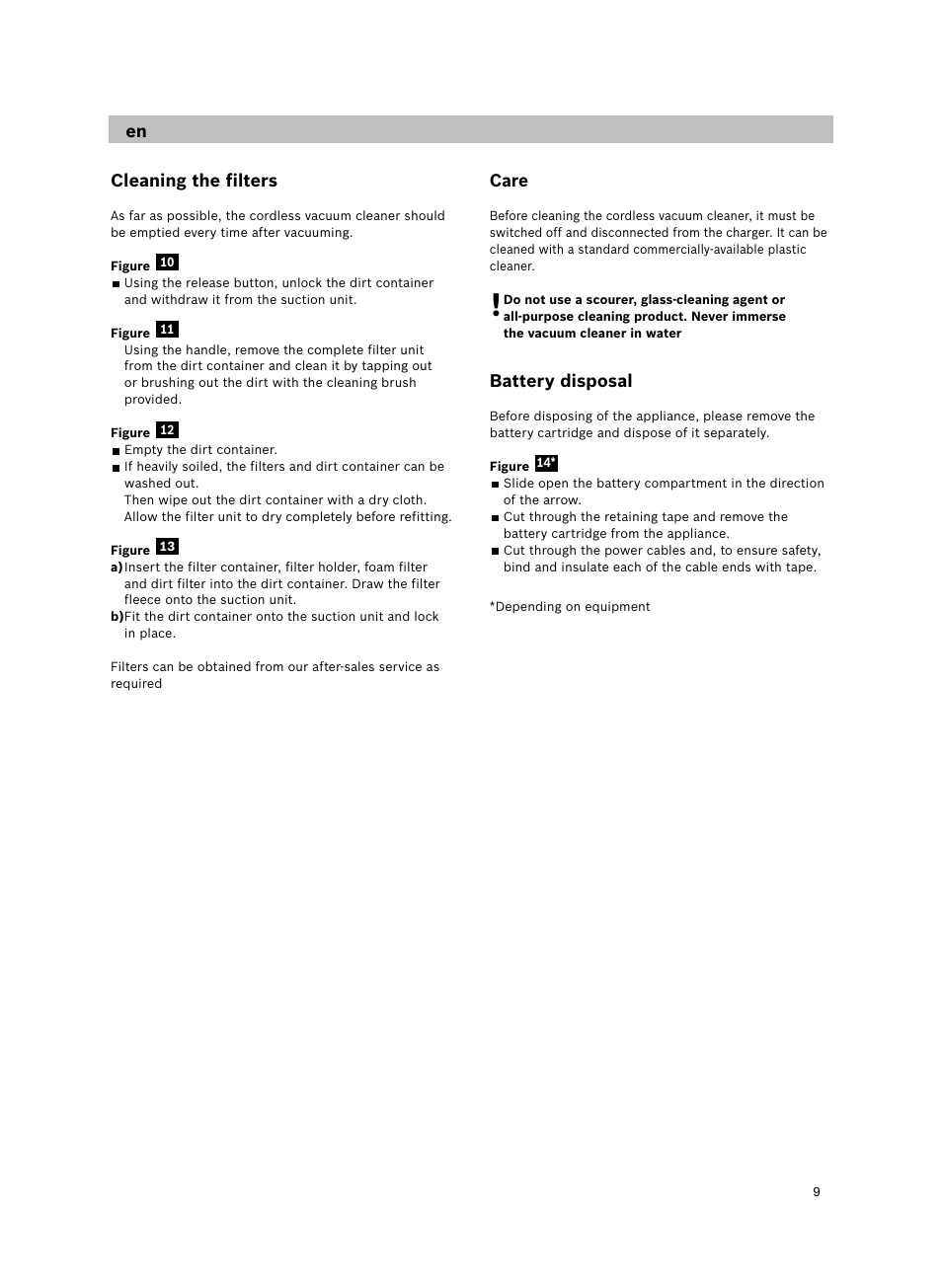 Cleaning the filters, Care, Battery disposal | Bosch 14.4V WetDry Akkusauger mit Tisch-Wandhalter BKS4043 silber User Manual | Page 11 / 98