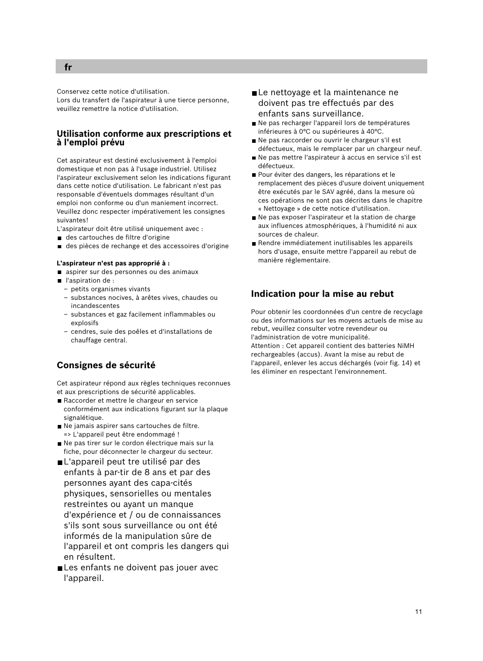 Consignes de sécurité, Indication pour la mise au rebut | Bosch 14.4V WetDry Akkusauger mit Tisch-Wandhalter BKS4043 silber User Manual | Page 13 / 98