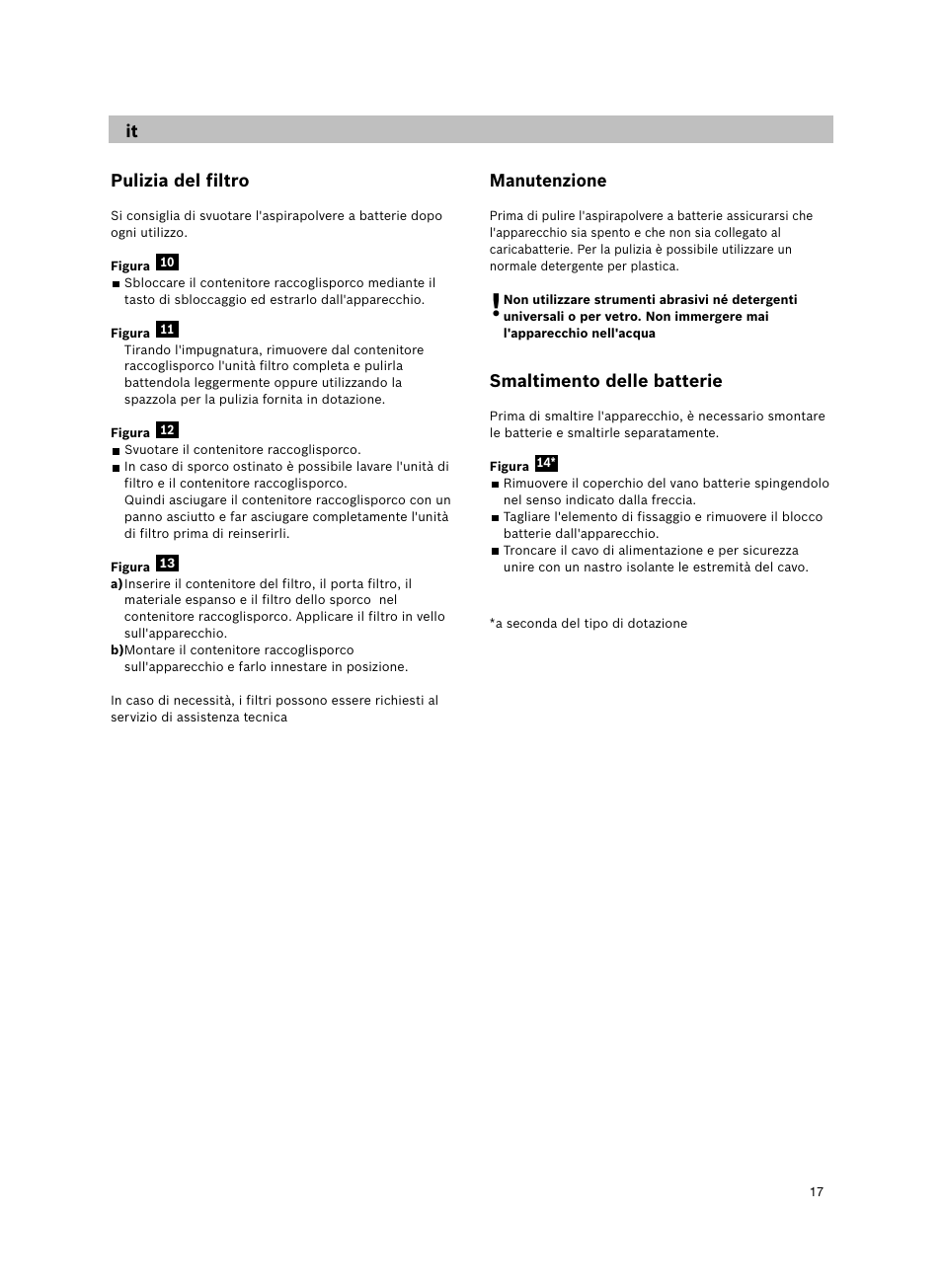 Pulizia del filtro, Manutenzione, Smaltimento delle batterie | Bosch 14.4V WetDry Akkusauger mit Tisch-Wandhalter BKS4043 silber User Manual | Page 19 / 98