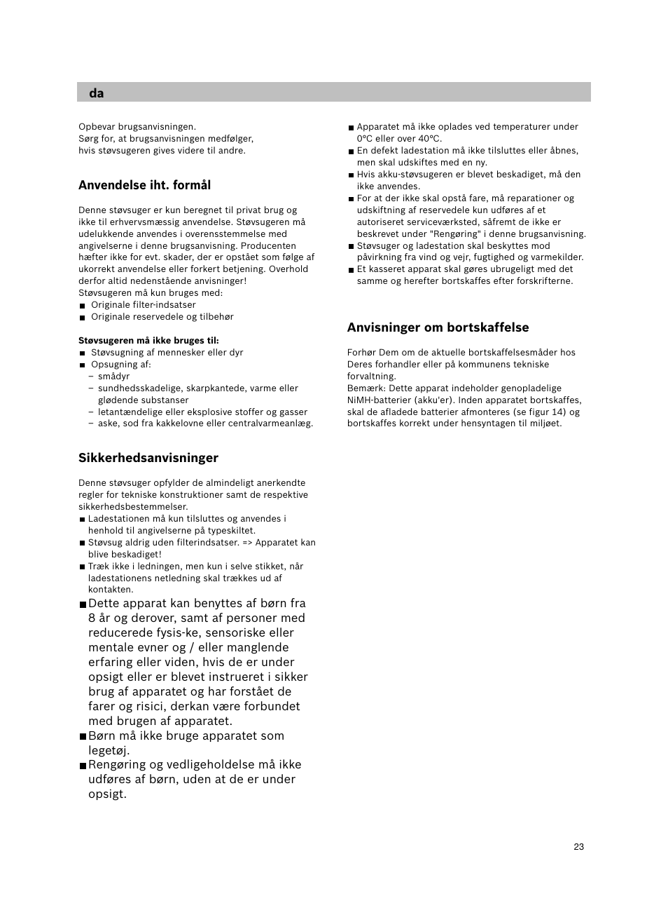 Anvendelse iht. formål, Sikkerhedsanvisninger, Anvisninger om bortskaffelse | Bosch 14.4V WetDry Akkusauger mit Tisch-Wandhalter BKS4043 silber User Manual | Page 25 / 98