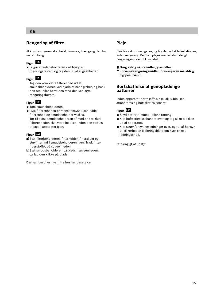 Rengøring af filtre, Pleje, Bortskaffelse af genopladelige batterier | Bosch 14.4V WetDry Akkusauger mit Tisch-Wandhalter BKS4043 silber User Manual | Page 27 / 98