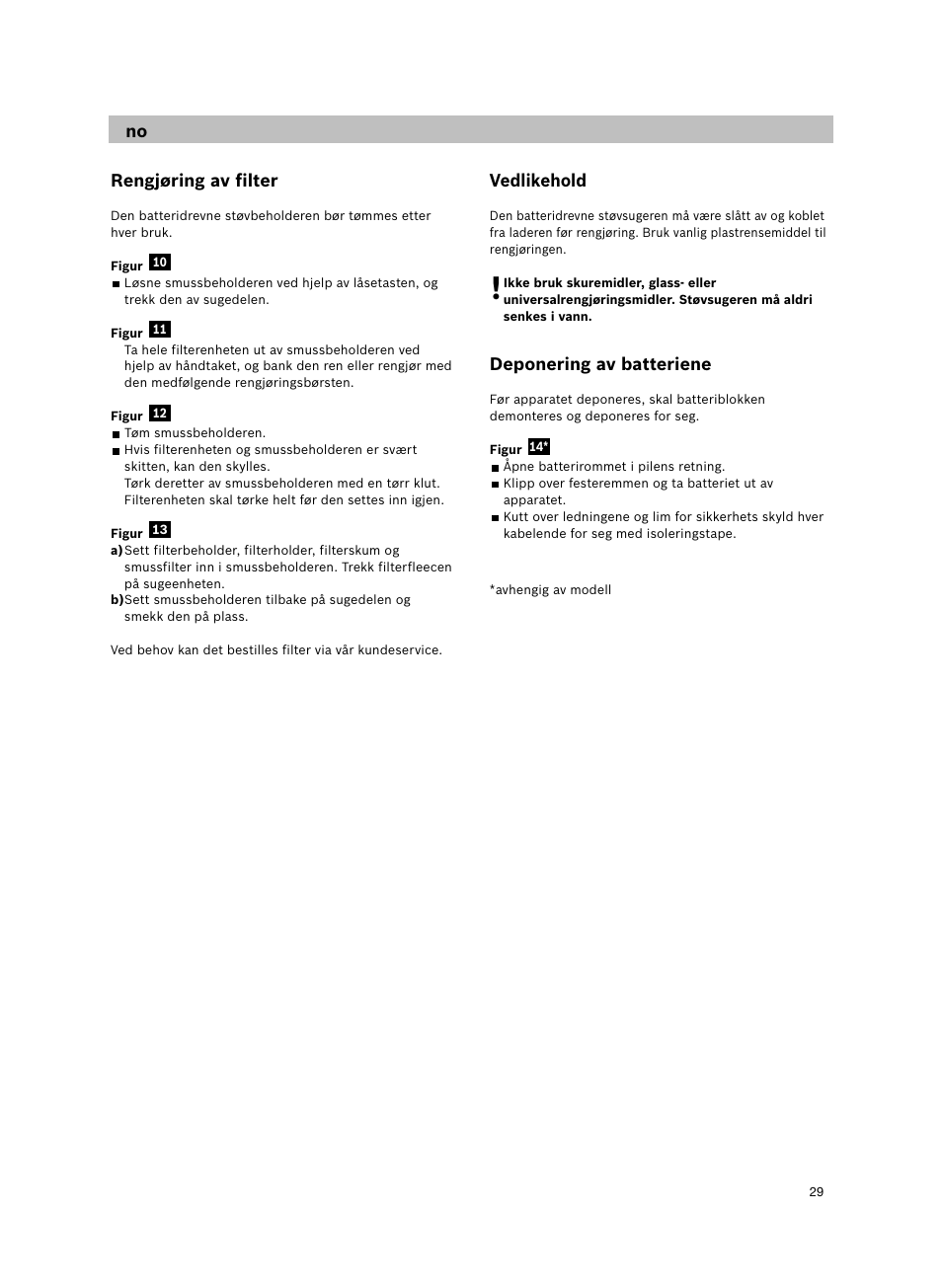 Rengjøring av filter, Vedlikehold, Deponering av batteriene | Bosch 14.4V WetDry Akkusauger mit Tisch-Wandhalter BKS4043 silber User Manual | Page 31 / 98