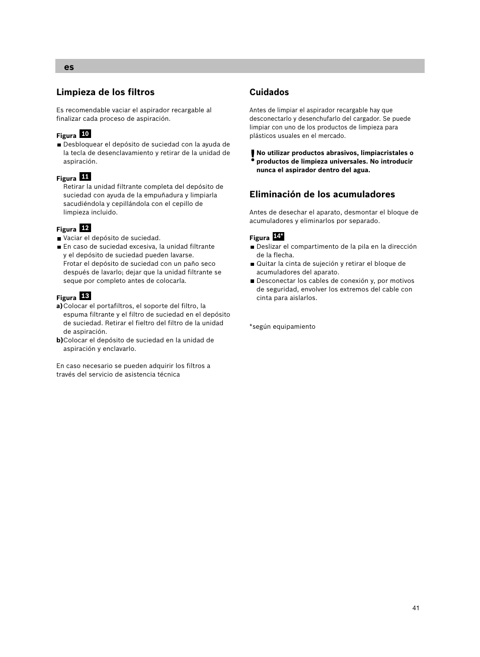 Limpieza de los filtros, Cuidados, Eliminación de los acumuladores | Bosch 14.4V WetDry Akkusauger mit Tisch-Wandhalter BKS4043 silber User Manual | Page 43 / 98