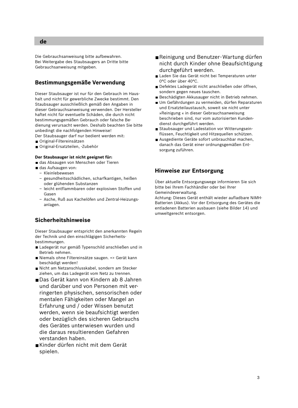 Bestimmungsgemäße verwendung, Sicherheitshinweise, Hinweise zur entsorgung | Bosch 14.4V WetDry Akkusauger mit Tisch-Wandhalter BKS4043 silber User Manual | Page 5 / 98