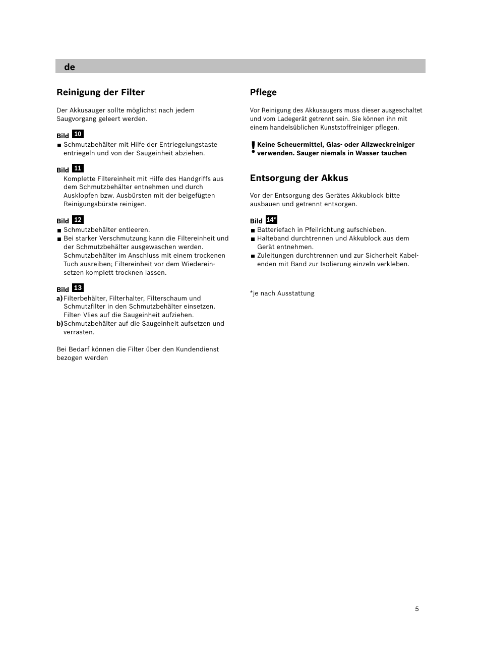 Reinigung der filter, Pflege, Entsorgung der akkus | Bosch 14.4V WetDry Akkusauger mit Tisch-Wandhalter BKS4043 silber User Manual | Page 7 / 98