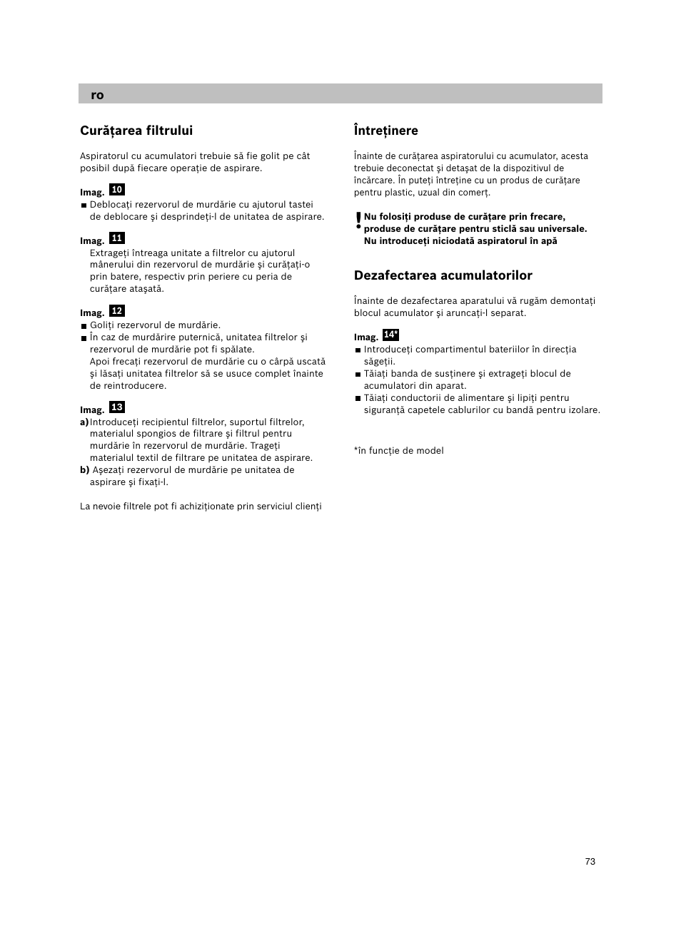 Curăţarea filtrului, Întreţinere, Dezafectarea acumulatorilor | Bosch 14.4V WetDry Akkusauger mit Tisch-Wandhalter BKS4043 silber User Manual | Page 75 / 98