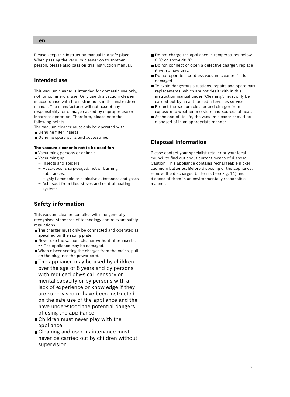 Intended use, Safety information, Disposal information | Bosch 14.4V WetDry Akkusauger mit Tisch-Wandhalter BKS4043 silber User Manual | Page 9 / 98