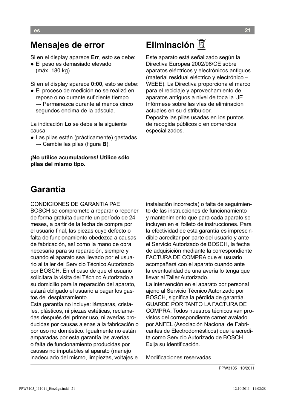 Mensajes de error, Eliminación, Garantía | Bosch PPW3105 Personenwaage elektronisch AxxenceEasy User Manual | Page 23 / 50