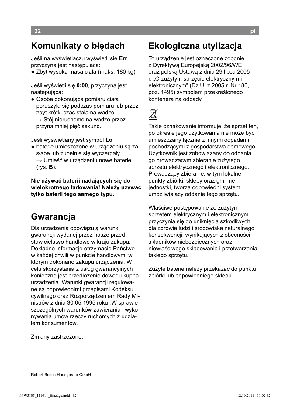 Komunikaty o błędach, Gwarancja, Ekologiczna utylizacja | Bosch PPW3105 Personenwaage elektronisch AxxenceEasy User Manual | Page 34 / 50