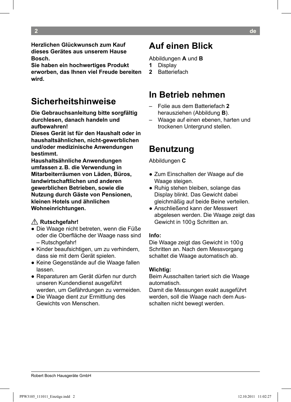 Sicherheitshinweise, Auf einen blick, Benutzung | Bosch PPW3105 Personenwaage elektronisch AxxenceEasy User Manual | Page 4 / 50