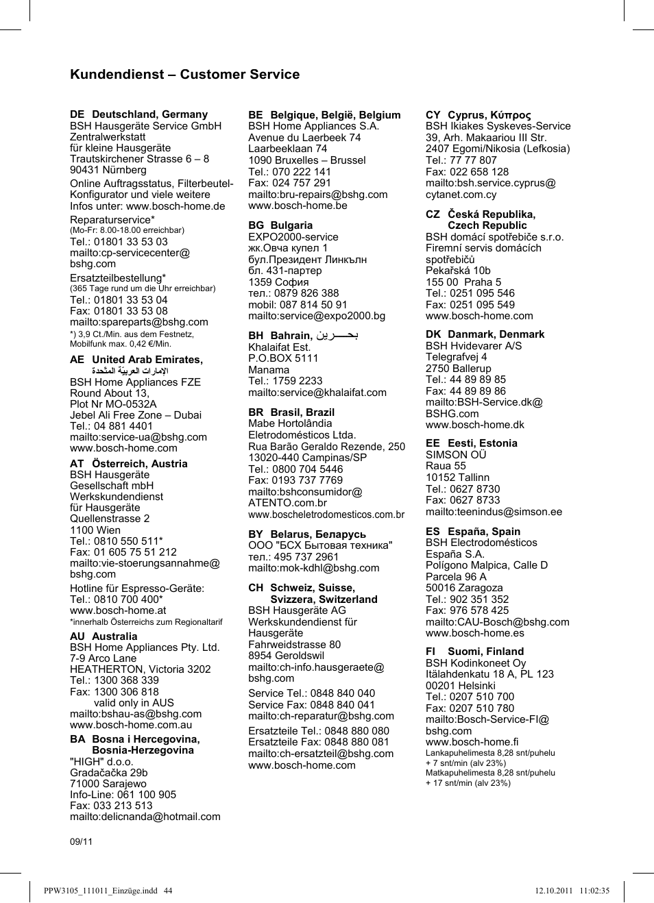 Kundendienst – customer service | Bosch PPW3105 Personenwaage elektronisch AxxenceEasy User Manual | Page 46 / 50