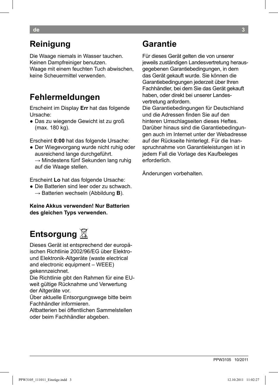 Garantie, Reinigung, Fehlermeldungen | Entsorgung | Bosch PPW3105 Personenwaage elektronisch AxxenceEasy User Manual | Page 5 / 50