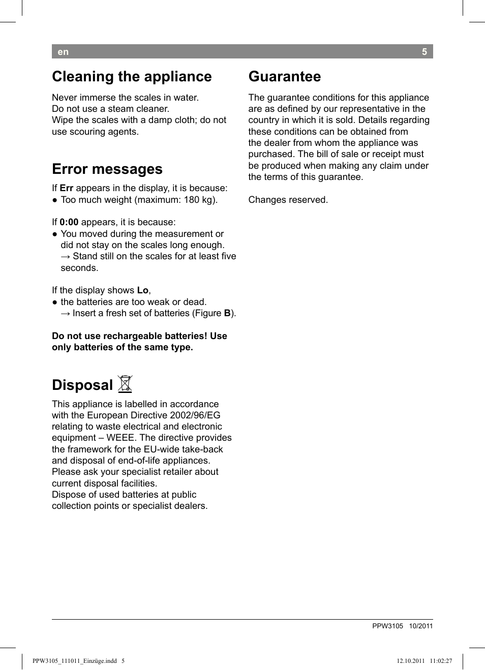 Cleaning the appliance, Error messages, Disposal | Guarantee | Bosch PPW3105 Personenwaage elektronisch AxxenceEasy User Manual | Page 7 / 50
