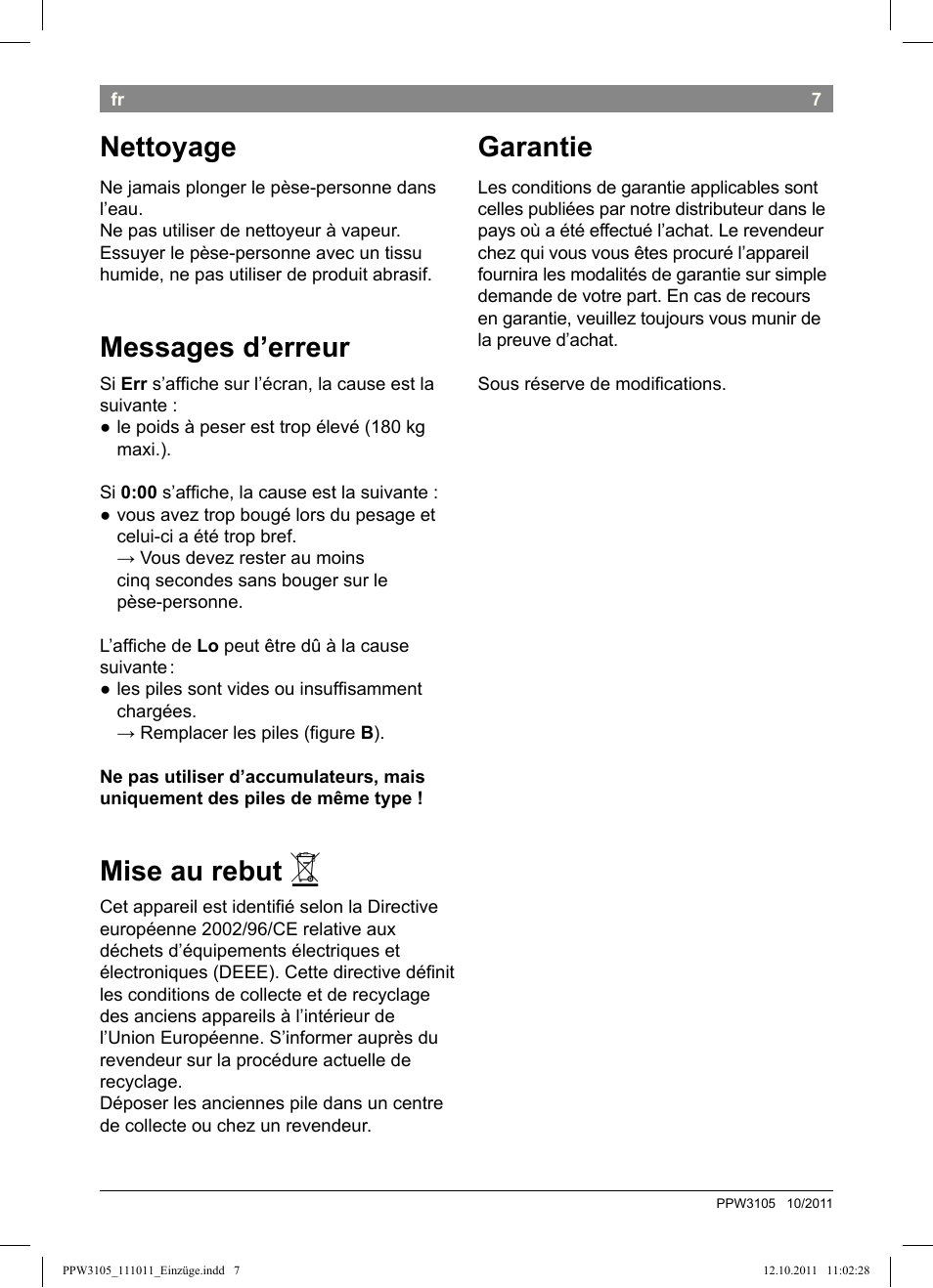 Nettoyage, Messages d’erreur, Mise au rebut | Garantie | Bosch PPW3105 Personenwaage elektronisch AxxenceEasy User Manual | Page 9 / 50