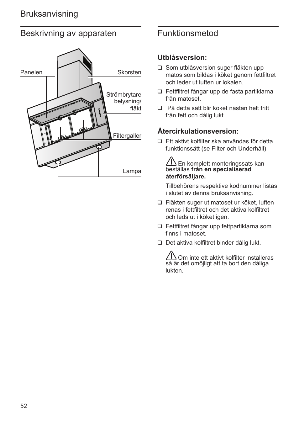 Bruksanvisning funktionsmetod, Beskrivning av apparaten | Bosch DWK096652 Edelstahl User Manual | Page 52 / 84