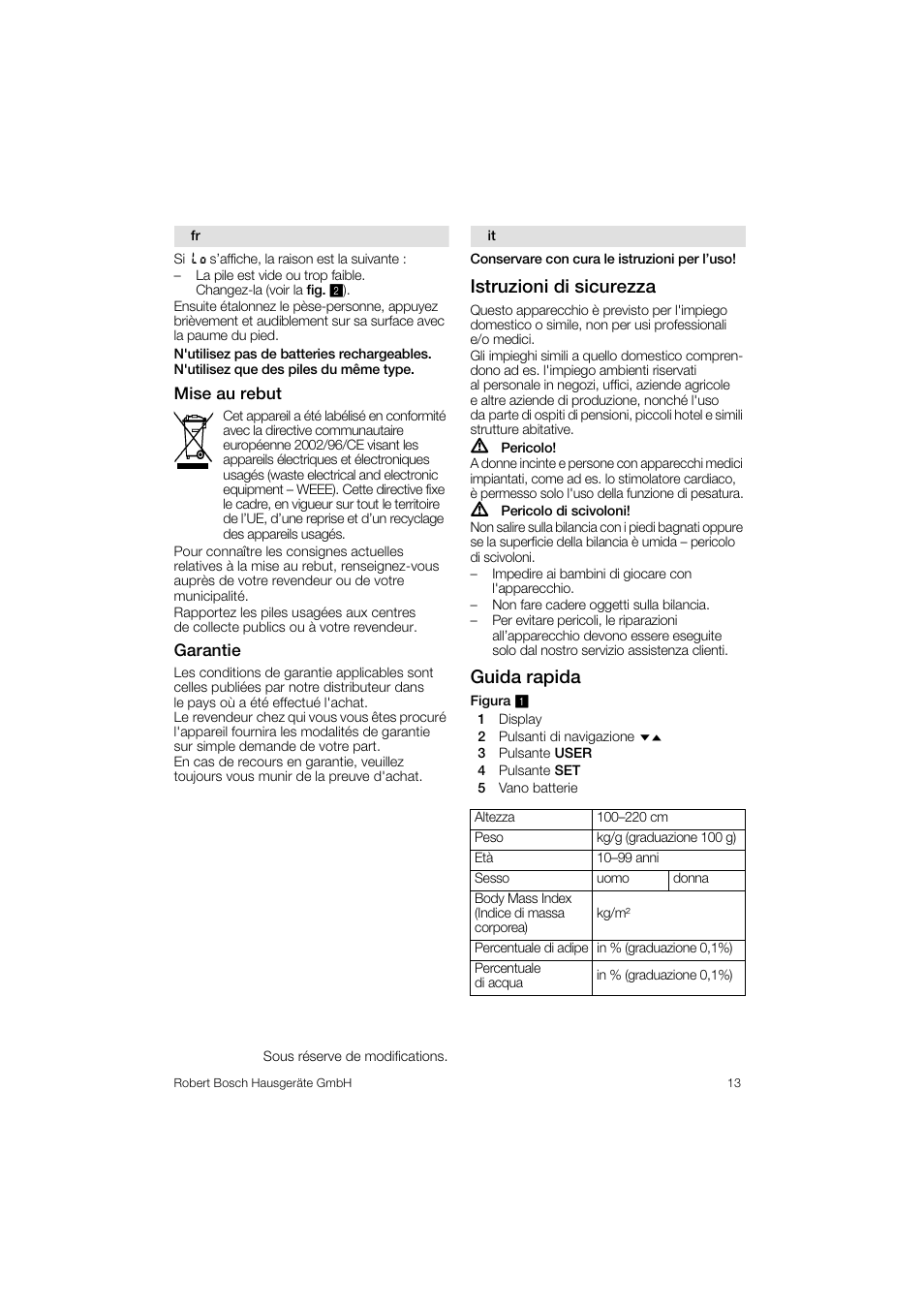 Istruzioni di sicurezza, Guida rapida | Bosch PPW3320 Analysewaage elektronisch AxxenceSlimLine Analysis User Manual | Page 13 / 84