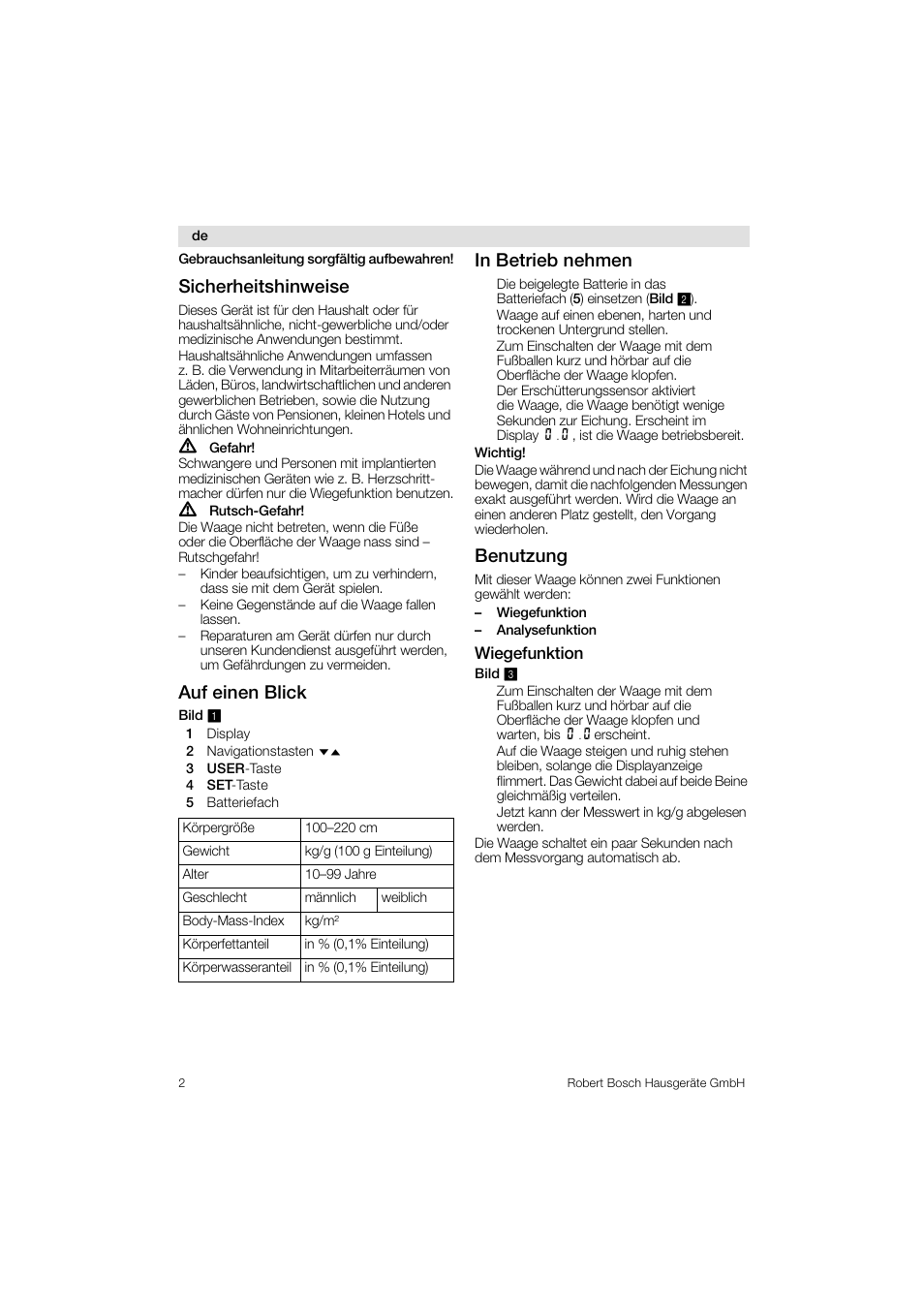 Sicherheitshinweise, Auf einen blick, Benutzung | Bosch PPW3320 Analysewaage elektronisch AxxenceSlimLine Analysis User Manual | Page 2 / 84