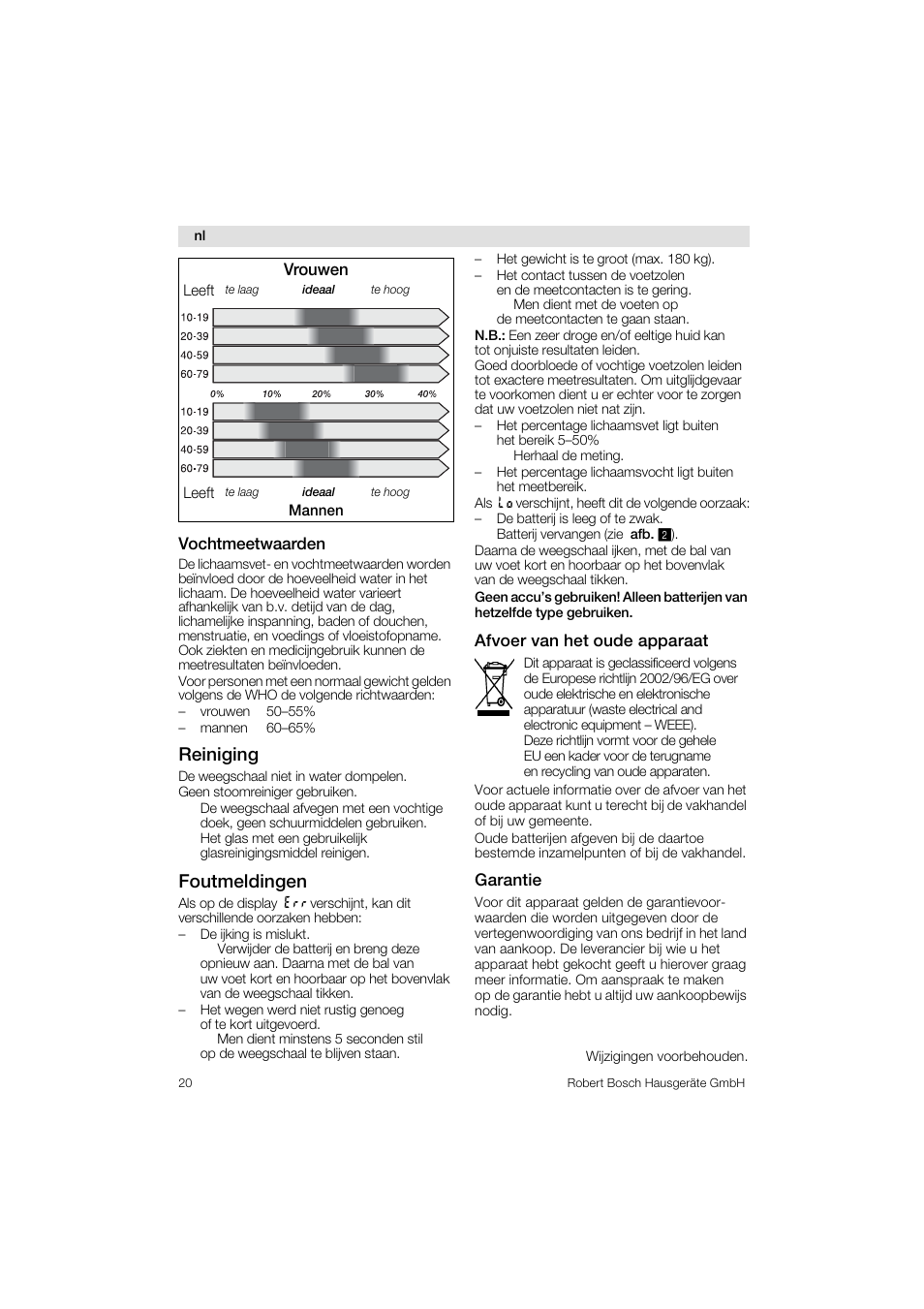 Reiniging, Foutmeldingen | Bosch PPW3320 Analysewaage elektronisch AxxenceSlimLine Analysis User Manual | Page 20 / 84