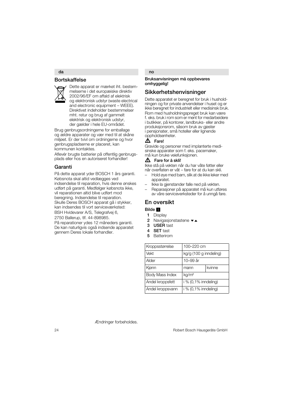 Sikkerhetshenvisninger, En oversikt | Bosch PPW3320 Analysewaage elektronisch AxxenceSlimLine Analysis User Manual | Page 24 / 84