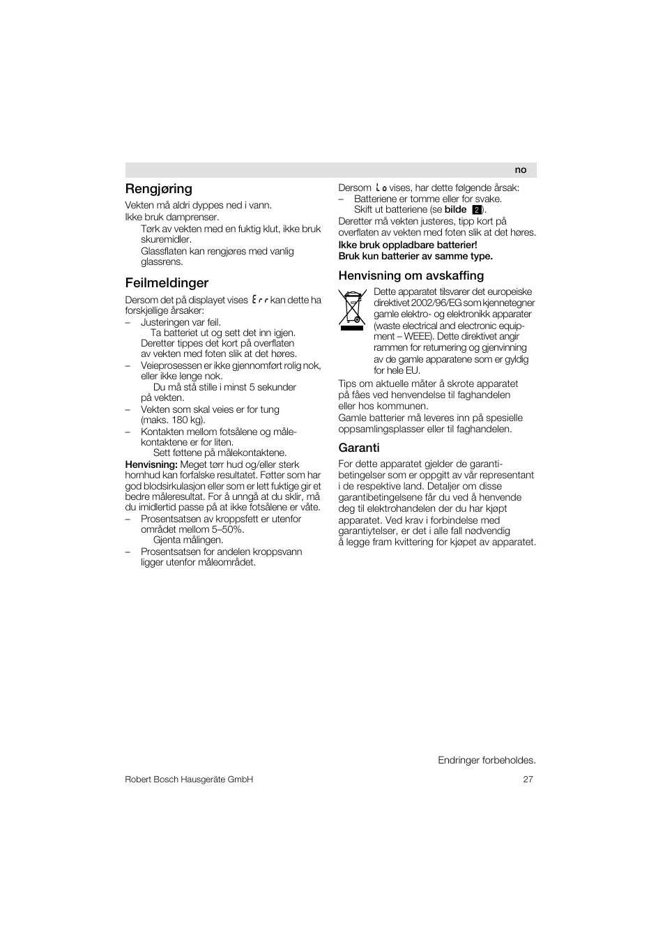 Rengjøring, Feilmeldinger | Bosch PPW3320 Analysewaage elektronisch AxxenceSlimLine Analysis User Manual | Page 27 / 84