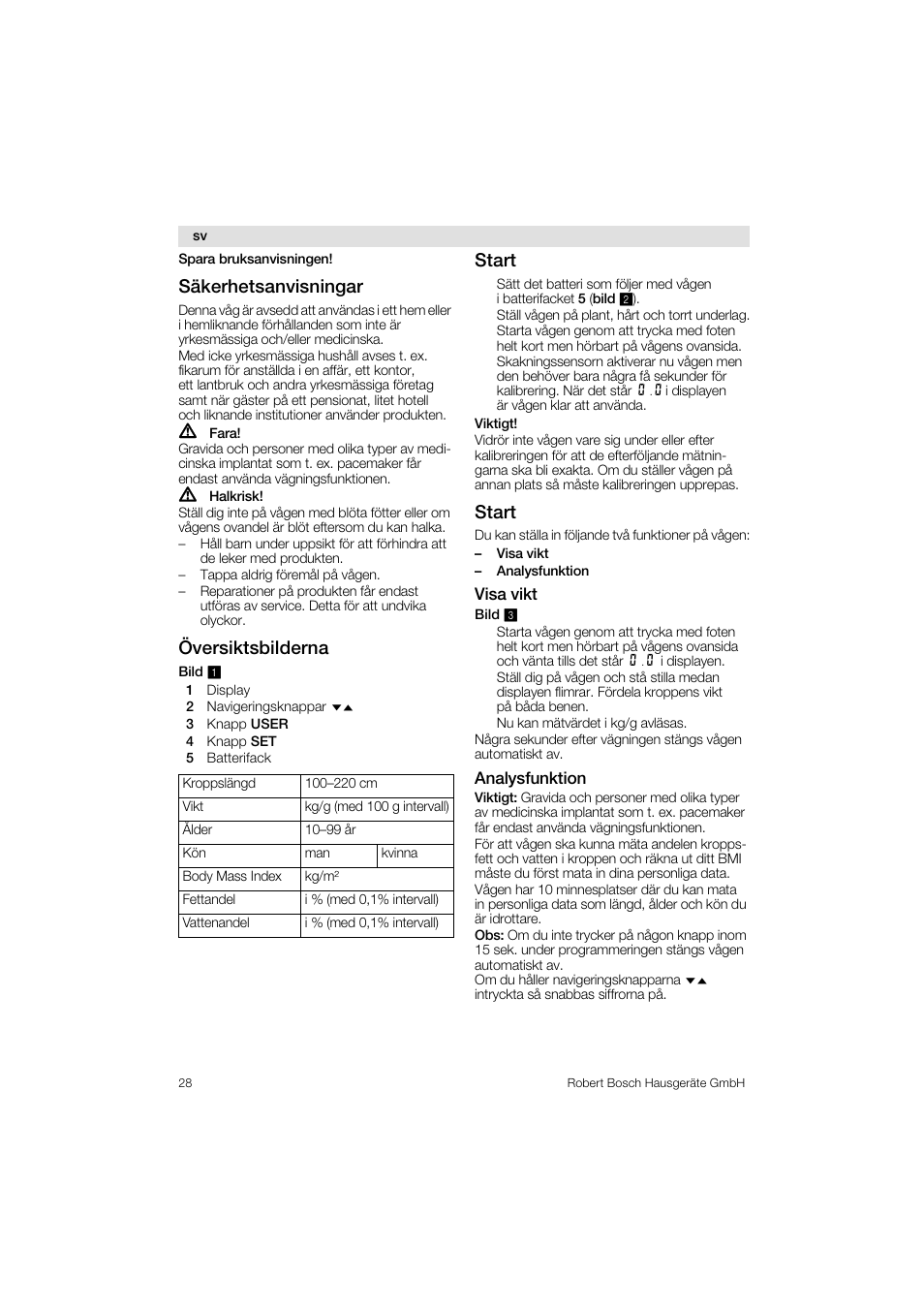 Säkerhetsanvisningar, Översiktsbilderna, Start | Bosch PPW3320 Analysewaage elektronisch AxxenceSlimLine Analysis User Manual | Page 28 / 84