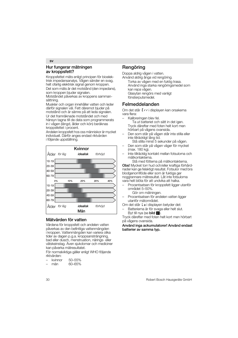 Rengöring, Felmeddelanden | Bosch PPW3320 Analysewaage elektronisch AxxenceSlimLine Analysis User Manual | Page 30 / 84
