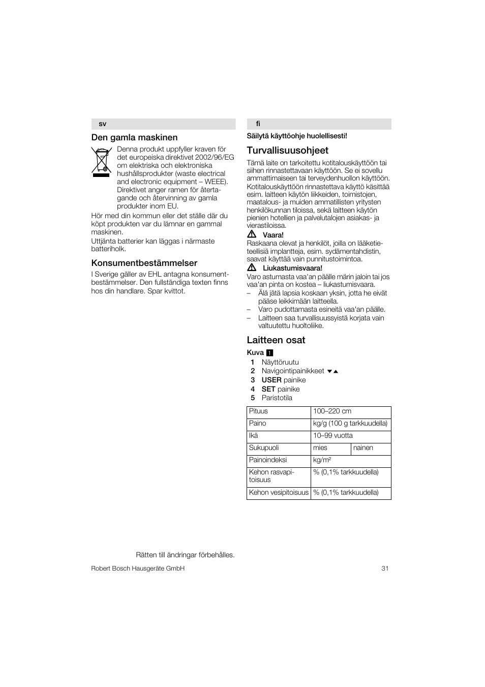 Turvallisuusohjeet, Laitteen osat | Bosch PPW3320 Analysewaage elektronisch AxxenceSlimLine Analysis User Manual | Page 31 / 84