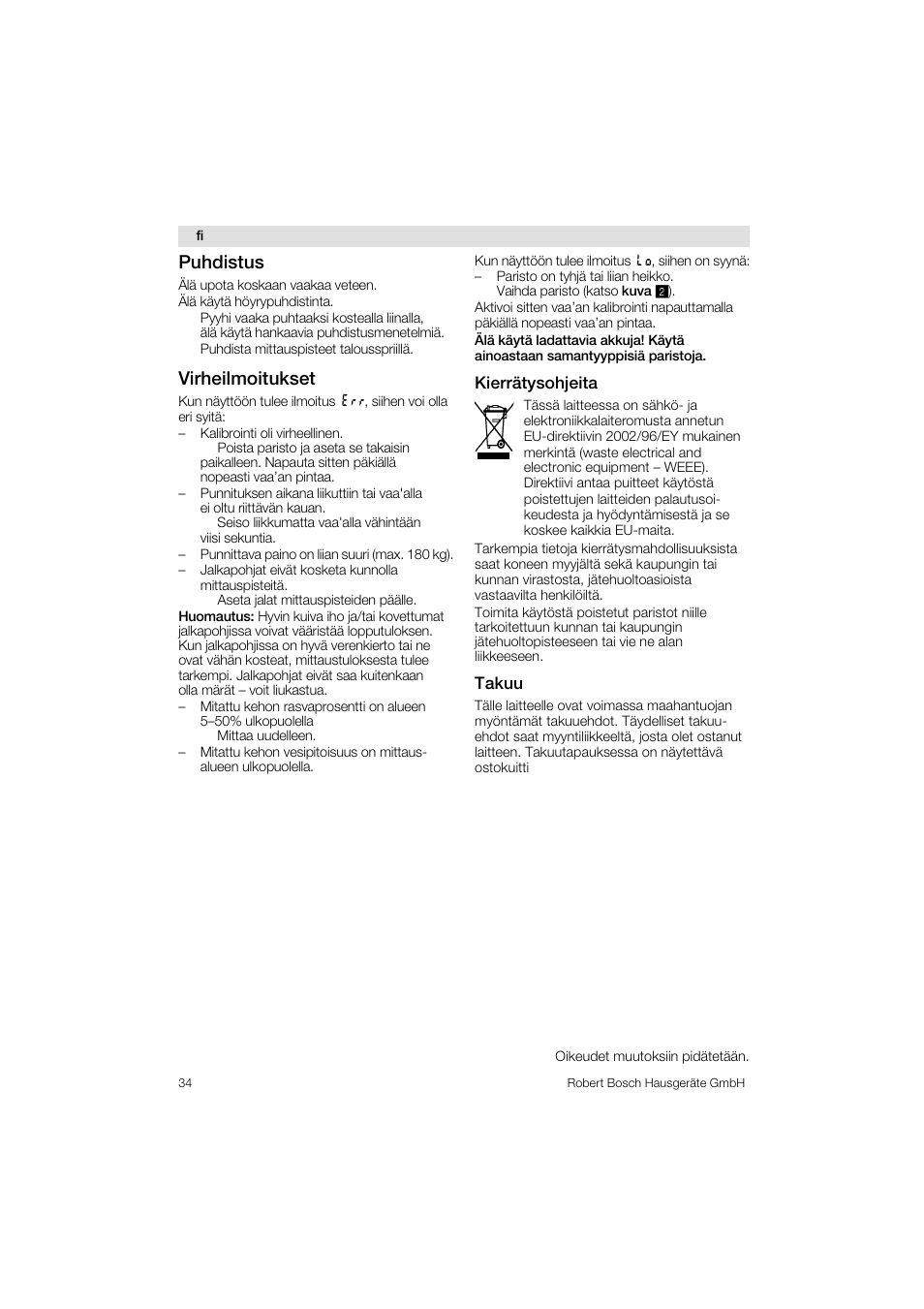 Puhdistus, Virheilmoitukset | Bosch PPW3320 Analysewaage elektronisch AxxenceSlimLine Analysis User Manual | Page 34 / 84