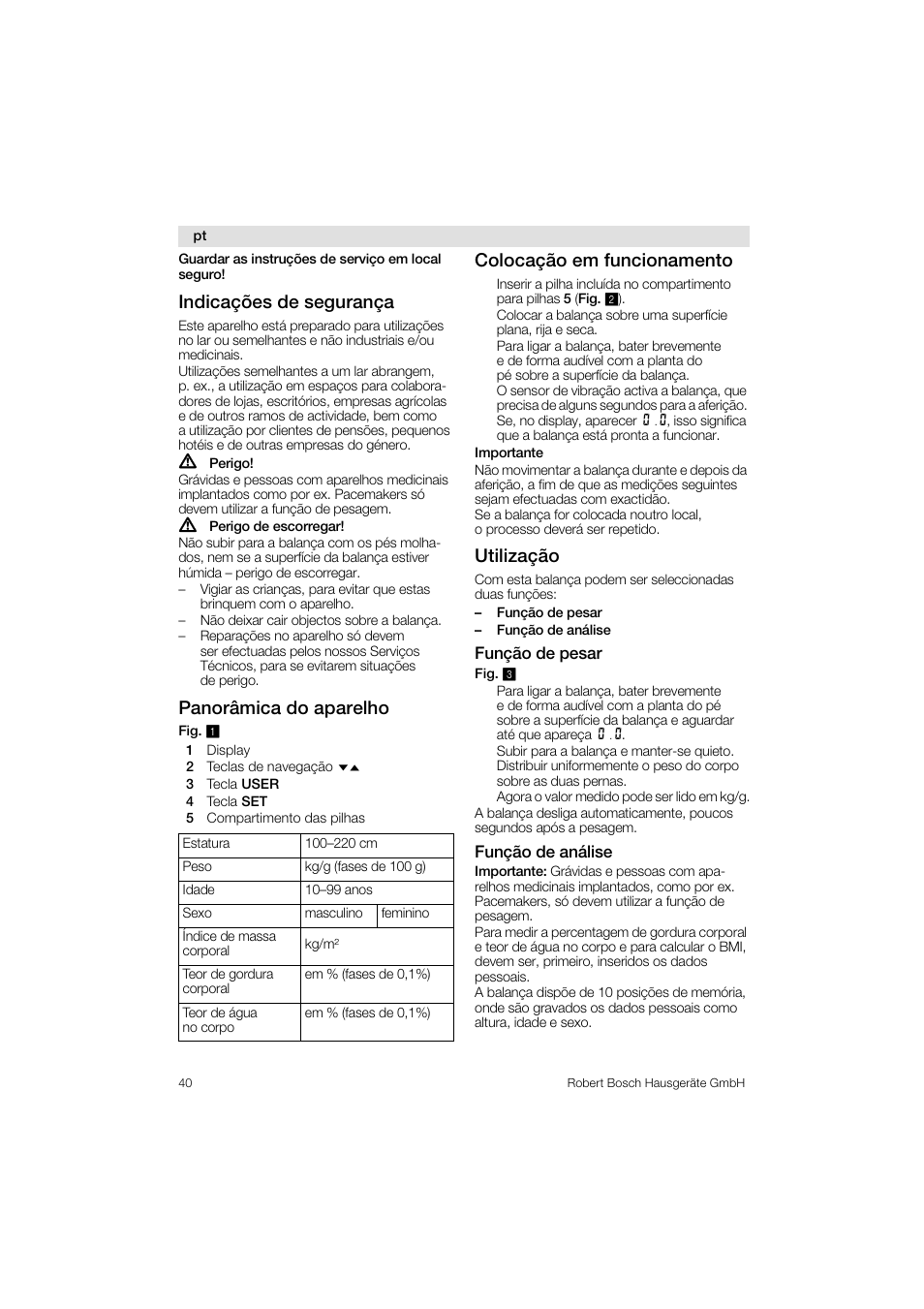 Indicações de segurança, Panorâmica do aparelho, Colocação em funcionamento | Utilização | Bosch PPW3320 Analysewaage elektronisch AxxenceSlimLine Analysis User Manual | Page 40 / 84