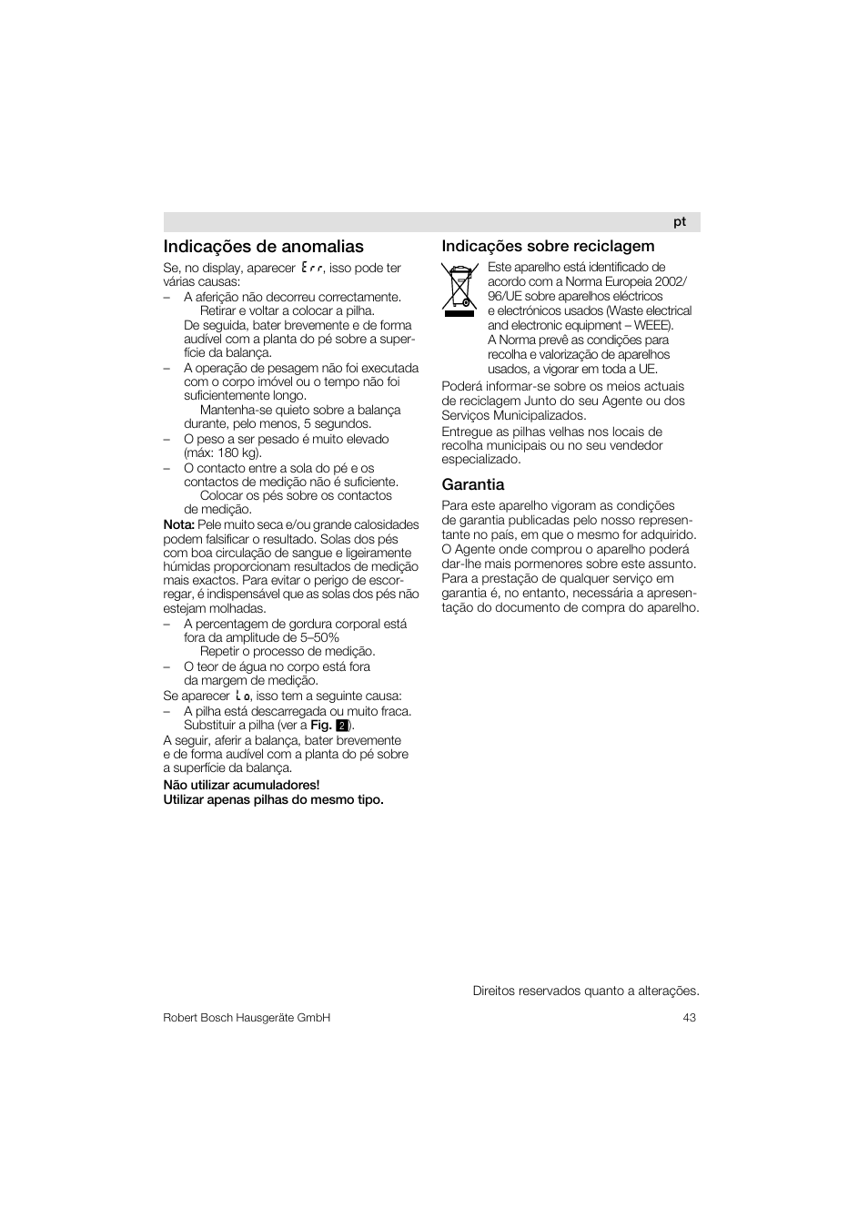 Indicações de anomalias | Bosch PPW3320 Analysewaage elektronisch AxxenceSlimLine Analysis User Manual | Page 43 / 84