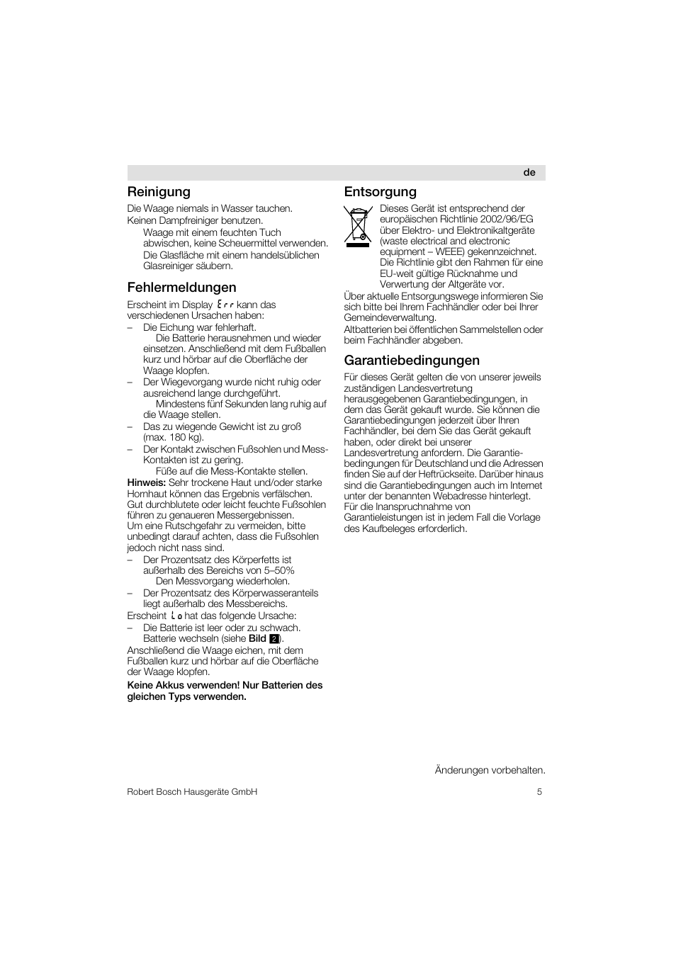 Reinigung, Fehlermeldungen, Entsorgung | Garantiebedingungen | Bosch PPW3320 Analysewaage elektronisch AxxenceSlimLine Analysis User Manual | Page 5 / 84