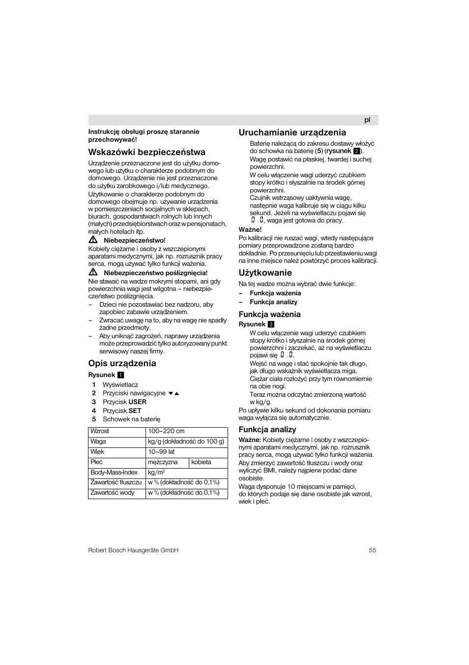 Wskazówki bezpieczeñstwa, Opis urz¹dzenia, Uruchamianie urz¹dzenia | U¿ytkowanie | Bosch PPW3320 Analysewaage elektronisch AxxenceSlimLine Analysis User Manual | Page 55 / 84