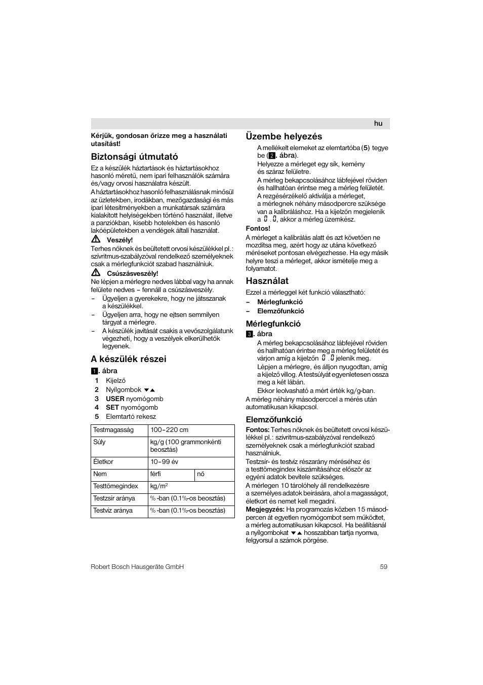 Biztonsági útmutató, A készülék részei, Üzembe helyezés | Használat | Bosch PPW3320 Analysewaage elektronisch AxxenceSlimLine Analysis User Manual | Page 59 / 84